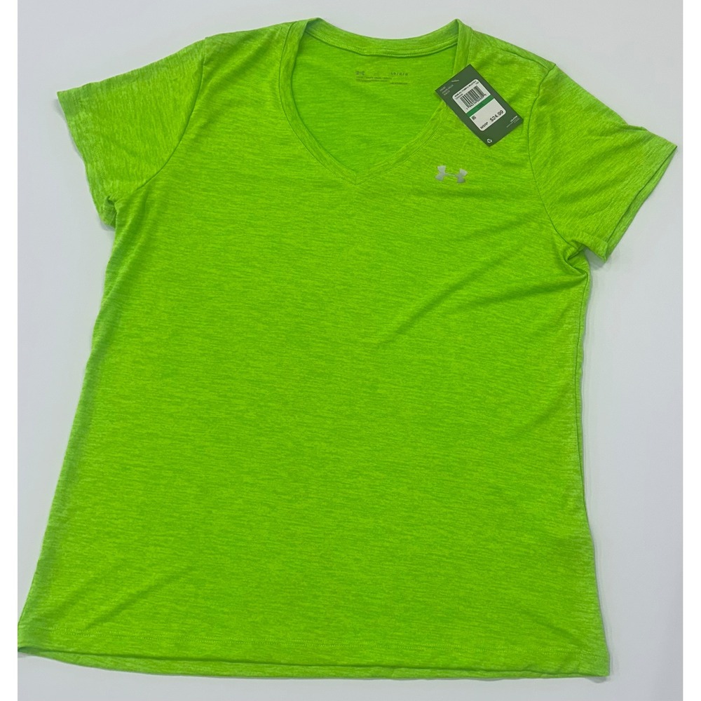 Under Armour HeatGear V-Neck T-Shirt Womens Large Lime Green Heather 1258568